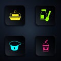 Set Milkshake, Butter in butter dish, Yogurt container and Drinking yogurt bottle. Black square button. Vector