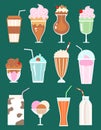 Set of milkshakes with berries, milk beverages, ice cream