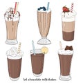 Set of milkshakes with chocolate on white background. Sweet drinks with various additives, berries and nuts.
