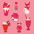 Set of milkshakes with a strawberry and ice cream cone