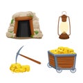 Set mine tools, equipment in cartoon style isolated on white background. Wooden cart with gold ore, tunnel entrance