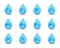 Set of mineral drop complex. Mineral K, Cl, Ca, Cu, Mn, Na, Fe, Mg, Se, Zn, S, P. Blue drug nutrition design