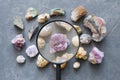 Set from mineral stones, Top view. Fluorite and magnifying glass in focus Royalty Free Stock Photo