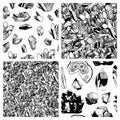 Set of mineralogy patterns. Black and white crystals and minerals. Vector seamless patterns with crystals and minerals. Hand drawn Royalty Free Stock Photo