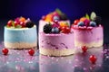 a set of mini cheesecakes for real gourmets decorated with strawberries, blueberries and blackberries. Culinary, confectionery