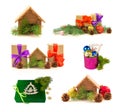 Set of miniature real estate house, presents, glossy balls, fres Royalty Free Stock Photo