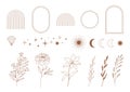 Set of minimal boho linear symbols. Celestial concept. Frame, arch, hands, florals, sun, stars and moon elements.