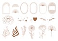Set of minimal boho linear symbols. Celestial concept. Frame, arch, hands, florals, sun, stars and moon elements.