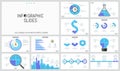 Set of minimal infographic design layouts. Pie and bar charts, jigsaw puzzle diagrams of different shapes, timelines Royalty Free Stock Photo