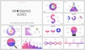 Set of minimal infographic design layouts. Pie and bar charts, jigsaw puzzle diagrams of different shapes, timelines Royalty Free Stock Photo