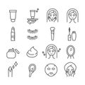 Set of minimal makeup icons. Beauty stylist or blogger and cosmetic products concept in modern outline isolated on white