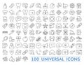 Set of 100 Minimal Thin Line and Solid Icons Multimedia Business Ecology Education Fitness Medical Family Shopping