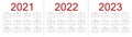 Set of minimalist calendars, years 2021 2022 2023, weeks start Sunday Royalty Free Stock Photo