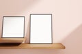 Set of minimalist and clean black poster or photo frame mockup on the wooden table leaning against the room wall Royalty Free Stock Photo