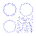 Set of minimalist herbal wreaths and branches and leaves. Vector hand drawn line art graphics for logo, monogram design