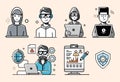Collection of 5 modern minimal vector icons of tech professions, circuit testing, coding, data analysis, and cybersecurity Royalty Free Stock Photo
