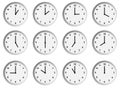 Set of 12 minimalistic clocks showing each hour, vector illustration