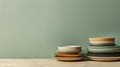 Set of Minimalistic Dishes in Natural Colors on Olive Background. Generative ai