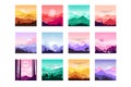 Set of minimalistic flat original landscapes design with mountains, hills, forest. Vector collection of nature