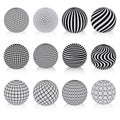 Set of minimalistic halftone spherical isolated vector symbols with decor. Striped, dotted and checkered 3d spheres, abstract