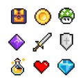 Set of minimalistic pixel art vector objects isolated. Sword, coin, potion, heart. Royalty Free Stock Photo