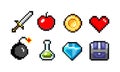 Set of minimalistic pixel art vector objects isolated. Sword, coin, potion, heart Royalty Free Stock Photo