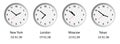 Set of 4 minimalistic world time clocks, vector illustration