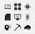 Set Mining with laptop and pickaxe, Blockchain technology, Processor chip dollar, Bitcoin think, Pickaxe and