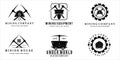 set of mining logo vector vintage illustration template design . mining cart helmet shovel trowel pickax or pickaxe tools logo