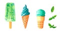 Set of mint flavour ice cream balls in waffle cone, watercolor clip art