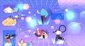 set mix race people in digital vr glasses exploring virtual reality vision headset innovation metaverse concept