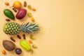 A set of mix tropical fruits on a beige background. With space for design. Exotic healthy eating. Seasonal organic raw Royalty Free Stock Photo