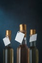 Set of 250 ml bottles of white and pink wine with blank labels. Wines assortment. Close up, vertical shot, copy space