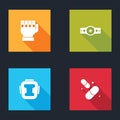 Set MMA glove, Boxing belt, helmet and Vitamin pill icon. Vector