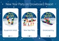 Set of mobile app pages about New Year holiday and party at snowboard resort