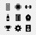 Set Mobile Apps, Processor with CPU, Dumbbell, Trophy cup, Cogwheel gear settings and Stereo speaker icon. Vector