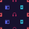 Set Mobile Apps, Software, Headphones and Search engine on seamless pattern. Vector