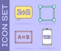 Set Mobile calculator interface, Equation solution, Chalkboard and Geometric figure Square icon. Vector Royalty Free Stock Photo
