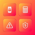 Set Mobile with closed padlock, Password protection, Exclamation mark in triangle and Shield dollar icon. Vector Royalty Free Stock Photo