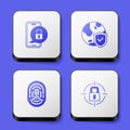 Set Mobile with closed padlock, Shield world globe, Fingerprint and Lock icon. White square button. Vector Royalty Free Stock Photo