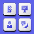 Set Mobile with dollar, Buy button, Happy customer and Telephone 24 hours support icon. White square button. Vector