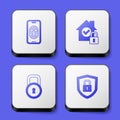 Set Mobile with fingerprint scanner, House under protection, Lock and Shield security lock icon. White square button Royalty Free Stock Photo