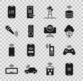 Set Mobile with 5G, Wireless gamepad, Smart Tv, Satellite dish, Remote control, microphone, LTE network and system icon Royalty Free Stock Photo