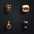 Set Mobile gaming, VS Versus battle, Bottle with magic elixir and Award cup icon with long shadow. Vector