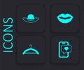 Set Mobile with heart, Elegant women hat, Smiling lips and Hanger wardrobe icon. Black square button. Vector Royalty Free Stock Photo
