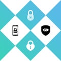 Set Mobile and password, Castle in the shape of heart, Safe combination lock wheel and Shield eye icon. Vector