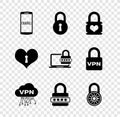 Set Mobile and password, Lock, Padlock with heart, Cloud VPN interface, Password protection and Safe combination wheel Royalty Free Stock Photo