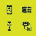 Set Mobile phone, Artificial intelligence robot, Algorithm and Binary code icon. Vector Royalty Free Stock Photo
