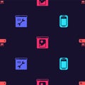 Set Mobile phone, Browser setting, Photo retouching and Search engine on seamless pattern. Vector Royalty Free Stock Photo