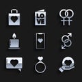 Set Mobile phone with heart, Wedding rings, Heart hand, Male gender symbol, Like, Burning candle, Female and Shopping Royalty Free Stock Photo